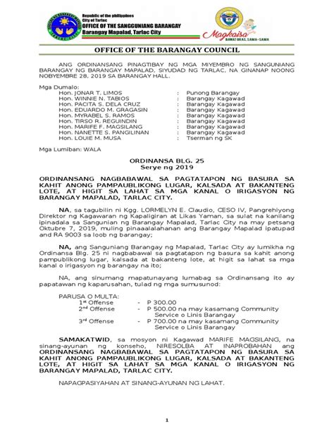 Brgy Mapalad Resolution No. 25 Bawal Magtapon NG Basura.